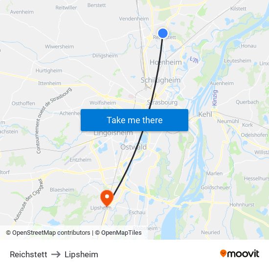 Reichstett to Lipsheim map