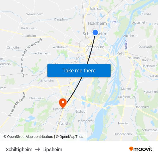 Schiltigheim to Lipsheim map