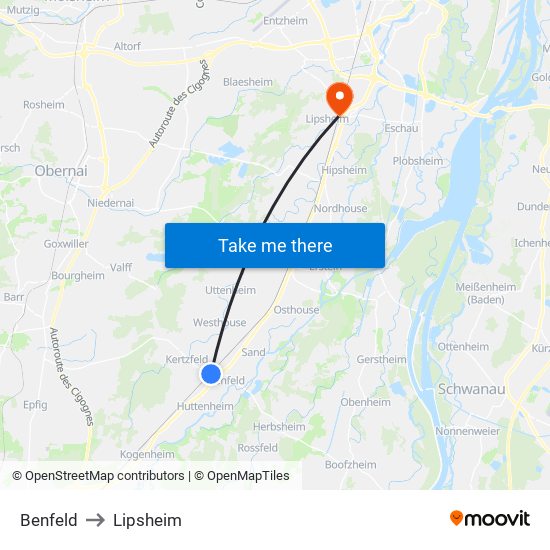 Benfeld to Lipsheim map