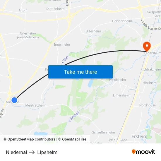 Niedernai to Lipsheim map