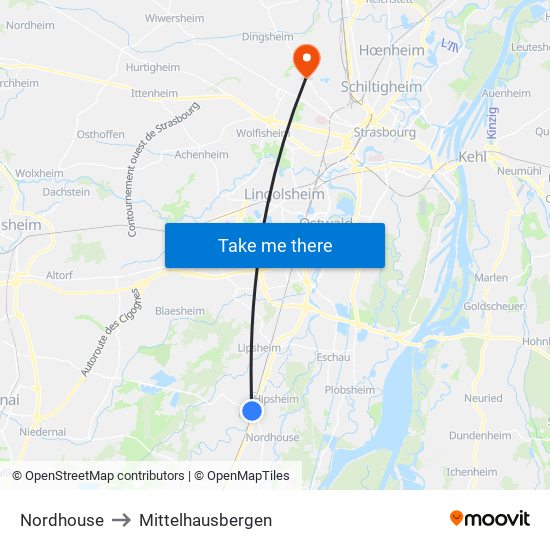 Nordhouse to Mittelhausbergen map