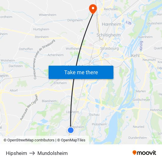 Hipsheim to Mundolsheim map