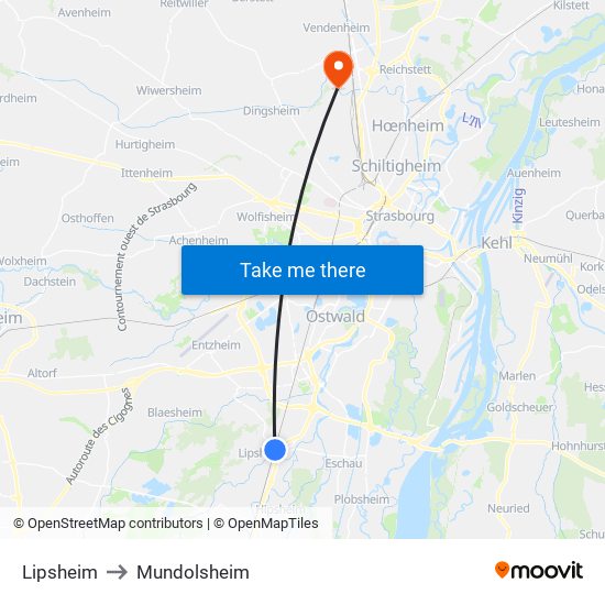 Lipsheim to Mundolsheim map