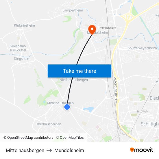 Mittelhausbergen to Mundolsheim map