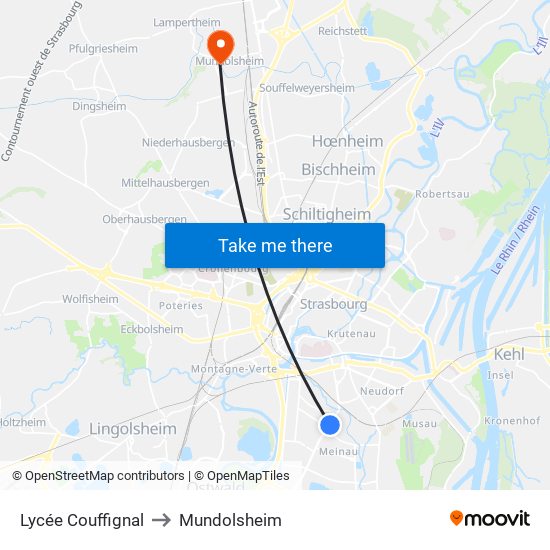 Lycée Couffignal to Mundolsheim map