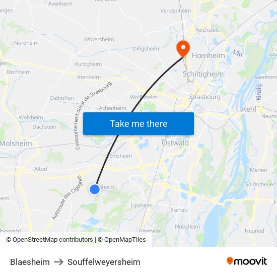 Blaesheim to Souffelweyersheim map