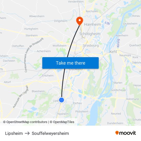 Lipsheim to Souffelweyersheim map