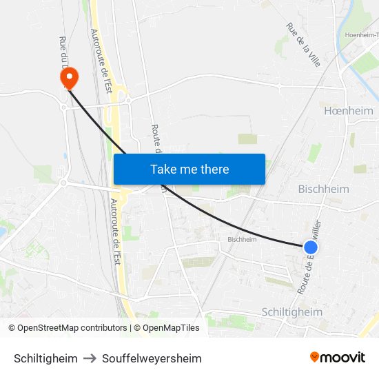 Schiltigheim to Souffelweyersheim map