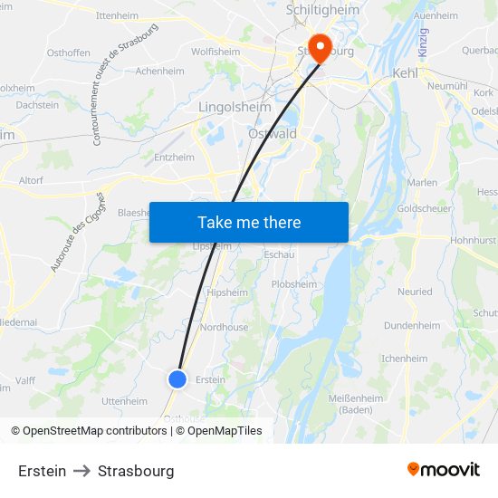 Erstein to Strasbourg map