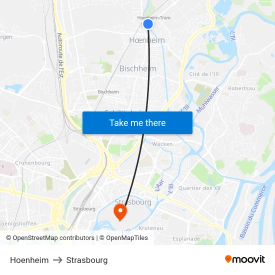 Hoenheim to Strasbourg map