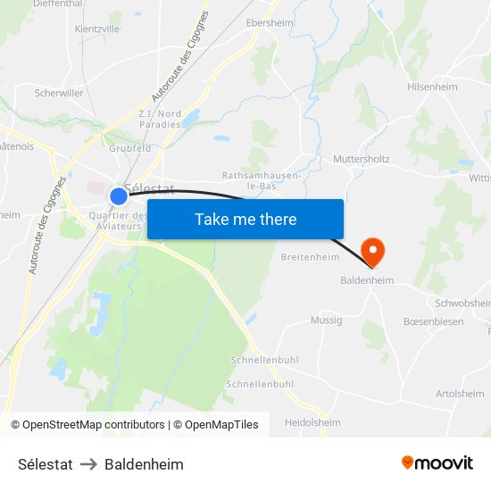 Sélestat to Baldenheim map