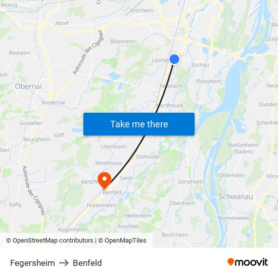 Fegersheim to Benfeld map