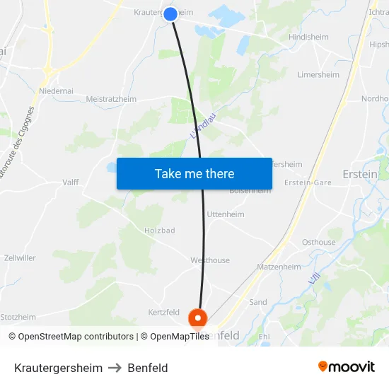 Krautergersheim to Benfeld map