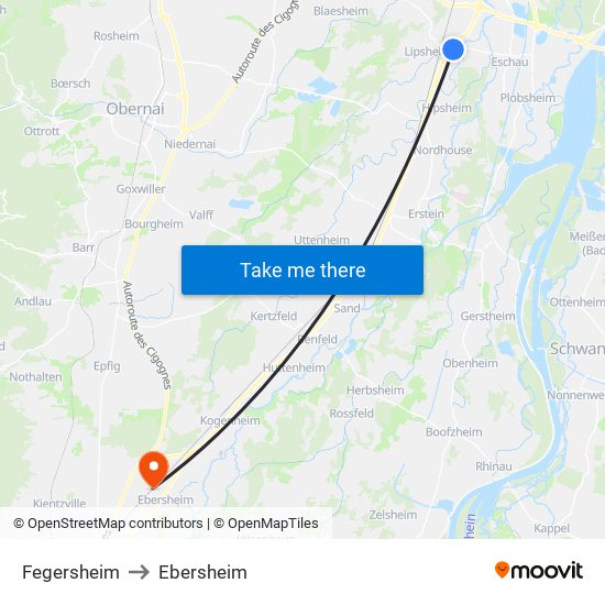 Fegersheim to Ebersheim map