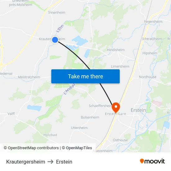 Krautergersheim to Erstein map
