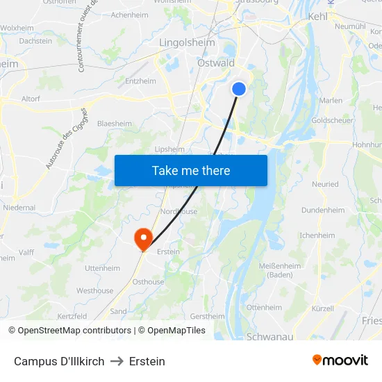 Campus D'Illkirch to Erstein map