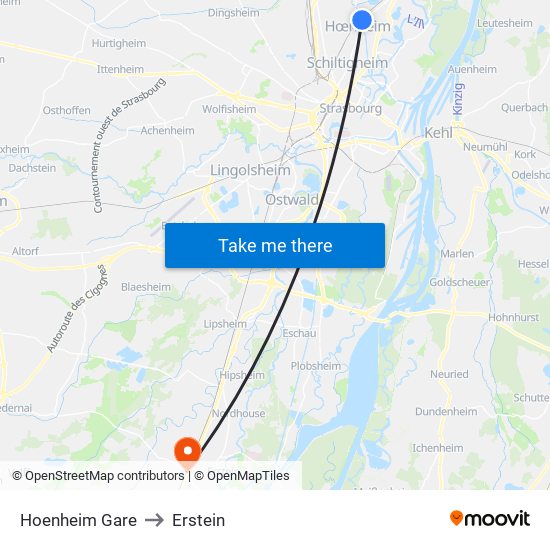 Hoenheim Gare to Erstein map