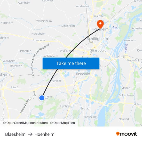 Blaesheim to Hoenheim map