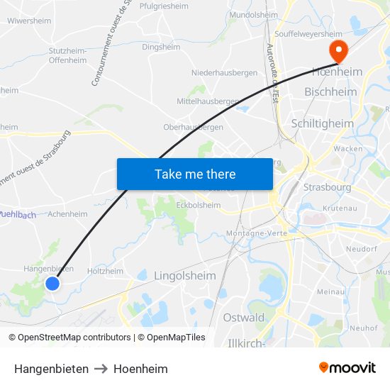 Hangenbieten to Hoenheim map