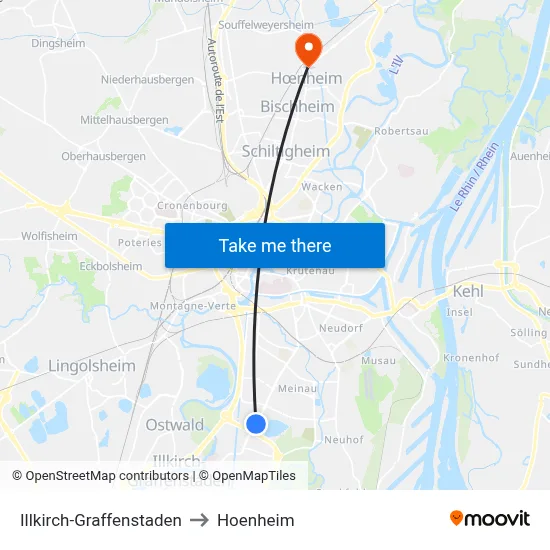 Illkirch-Graffenstaden to Hoenheim map