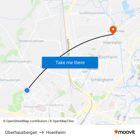 Oberhausbergen to Hoenheim map