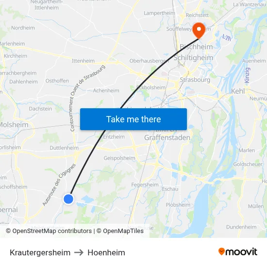 Krautergersheim to Hoenheim map
