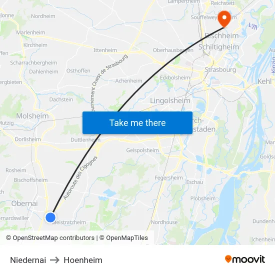 Niedernai to Hoenheim map