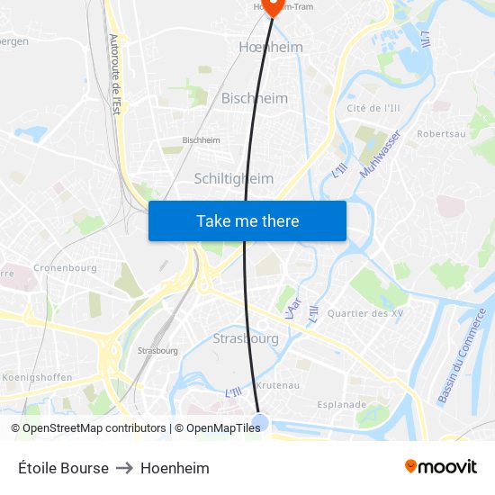 Étoile Bourse to Hoenheim map