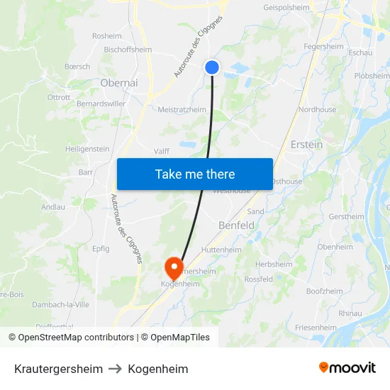 Krautergersheim to Kogenheim map