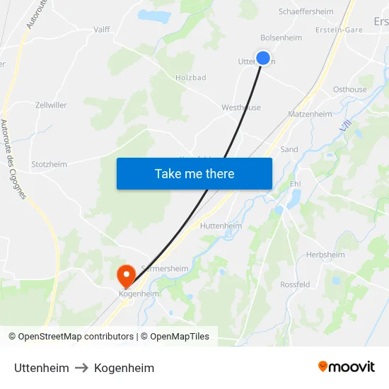 Uttenheim to Kogenheim map