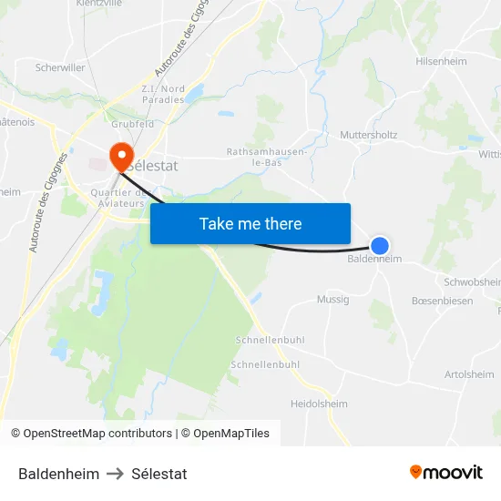 Baldenheim to Sélestat map