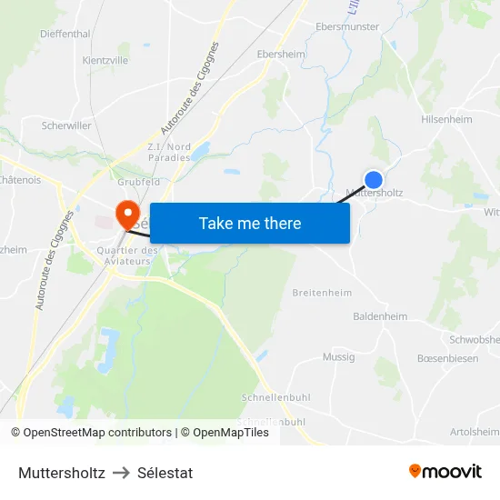 Muttersholtz to Sélestat map