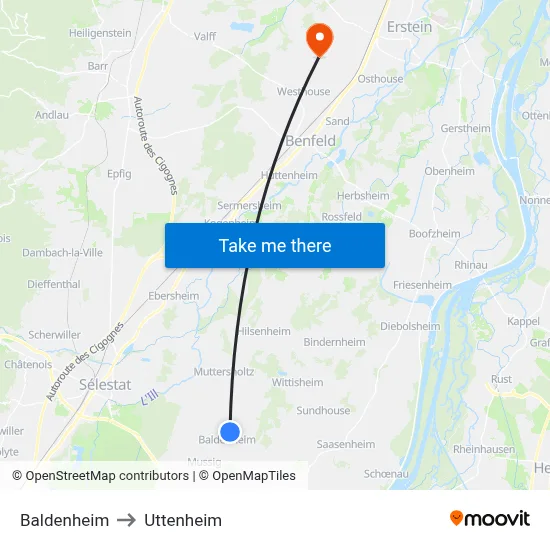 Baldenheim to Uttenheim map