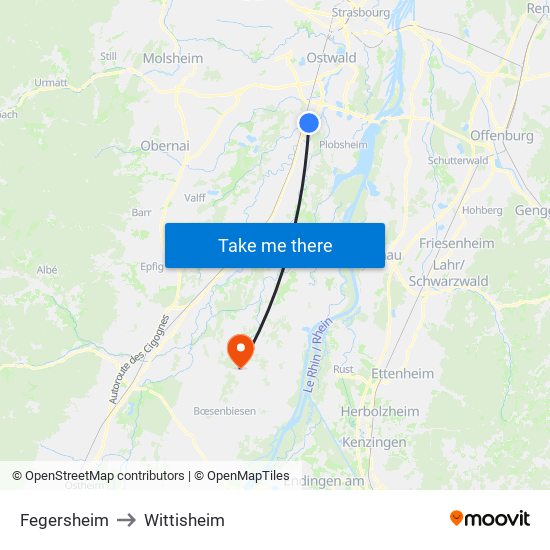 Fegersheim to Wittisheim map