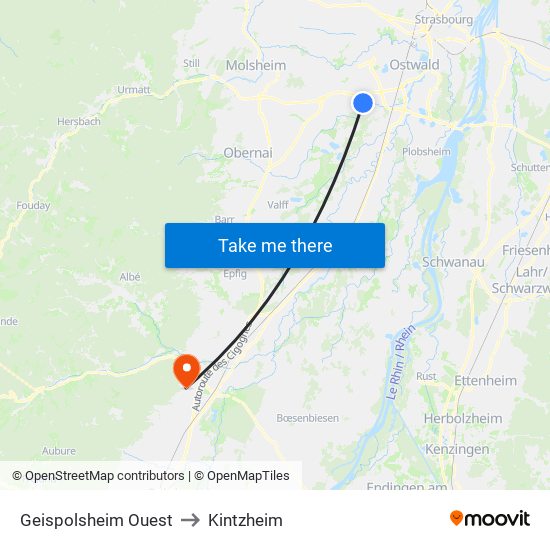 Geispolsheim Ouest to Kintzheim map