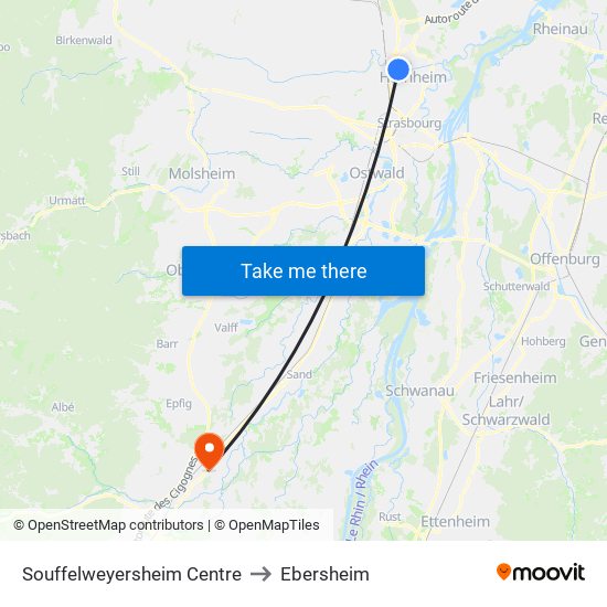 Souffelweyersheim Centre to Ebersheim map