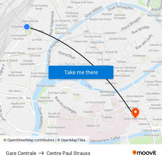 Gare Centrale to Centre Paul Strauss map