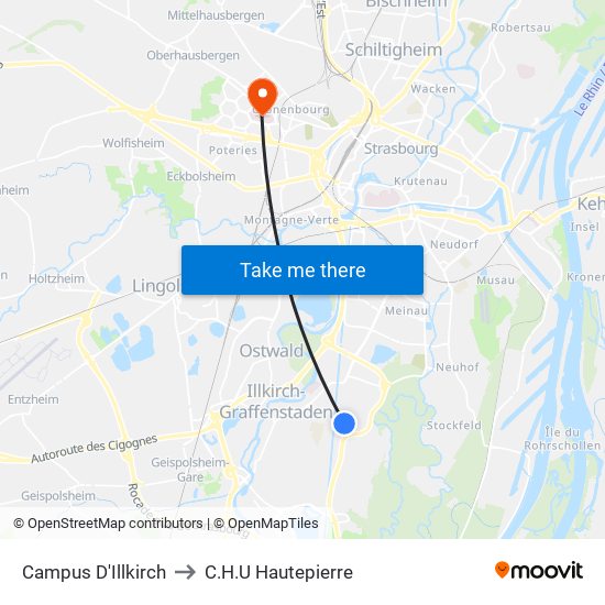 Campus D'Illkirch to C.H.U Hautepierre map