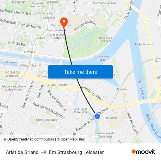 Aristide Briand to Em Strasbourg Leicester map