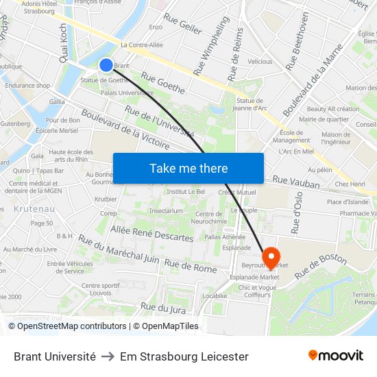 Brant Université to Em Strasbourg Leicester map