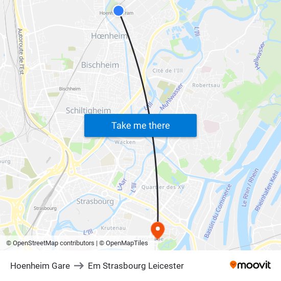 Hoenheim Gare to Em Strasbourg Leicester map