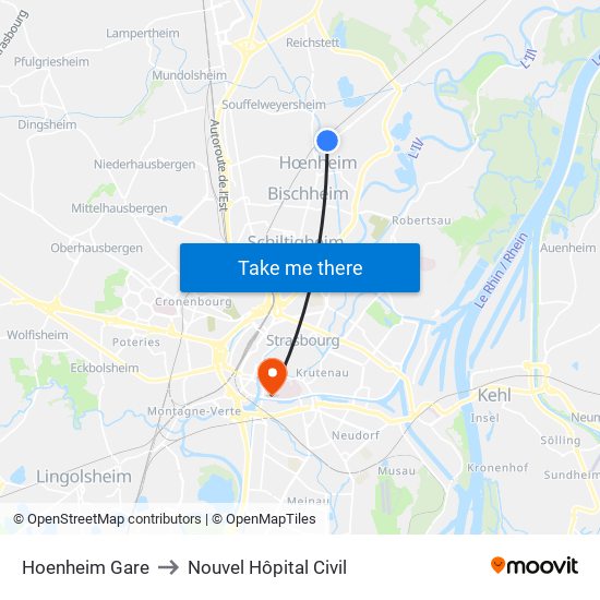 Hoenheim Gare to Nouvel Hôpital Civil map