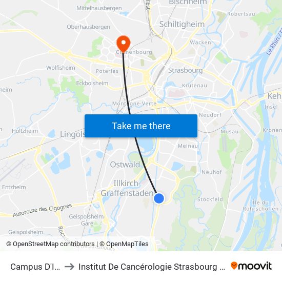 Campus D'Illkirch to Institut De Cancérologie Strasbourg Europe (Icans) map