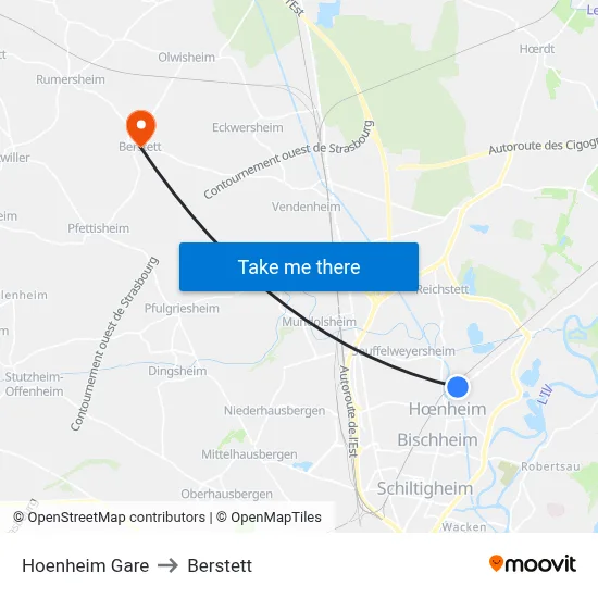 Hoenheim Gare to Berstett map