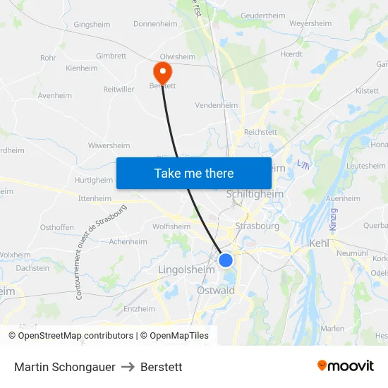 Martin Schongauer to Berstett map