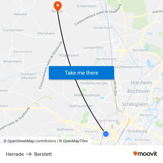 Herrade to Berstett map