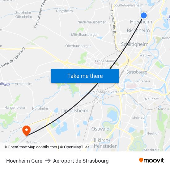 Hoenheim Gare to Aéroport de Strasbourg map