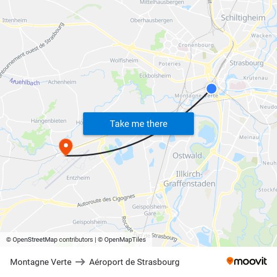 Montagne Verte to Aéroport de Strasbourg map
