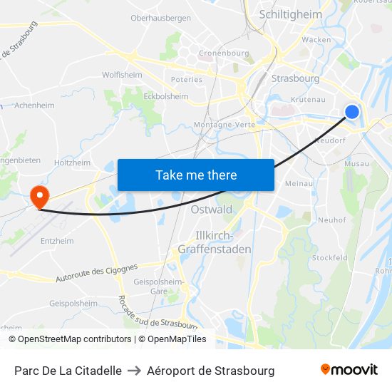 Parc De La Citadelle to Aéroport de Strasbourg map