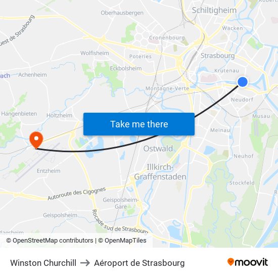 Winston Churchill to Aéroport de Strasbourg map